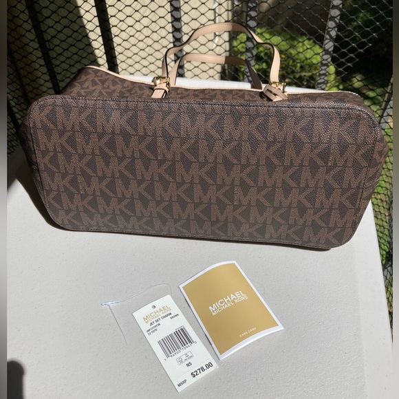 Michael Kors Jet Set Charm Zipper Closure Tote Bag Brown Purse Cream Leather - Picture 12 of 17